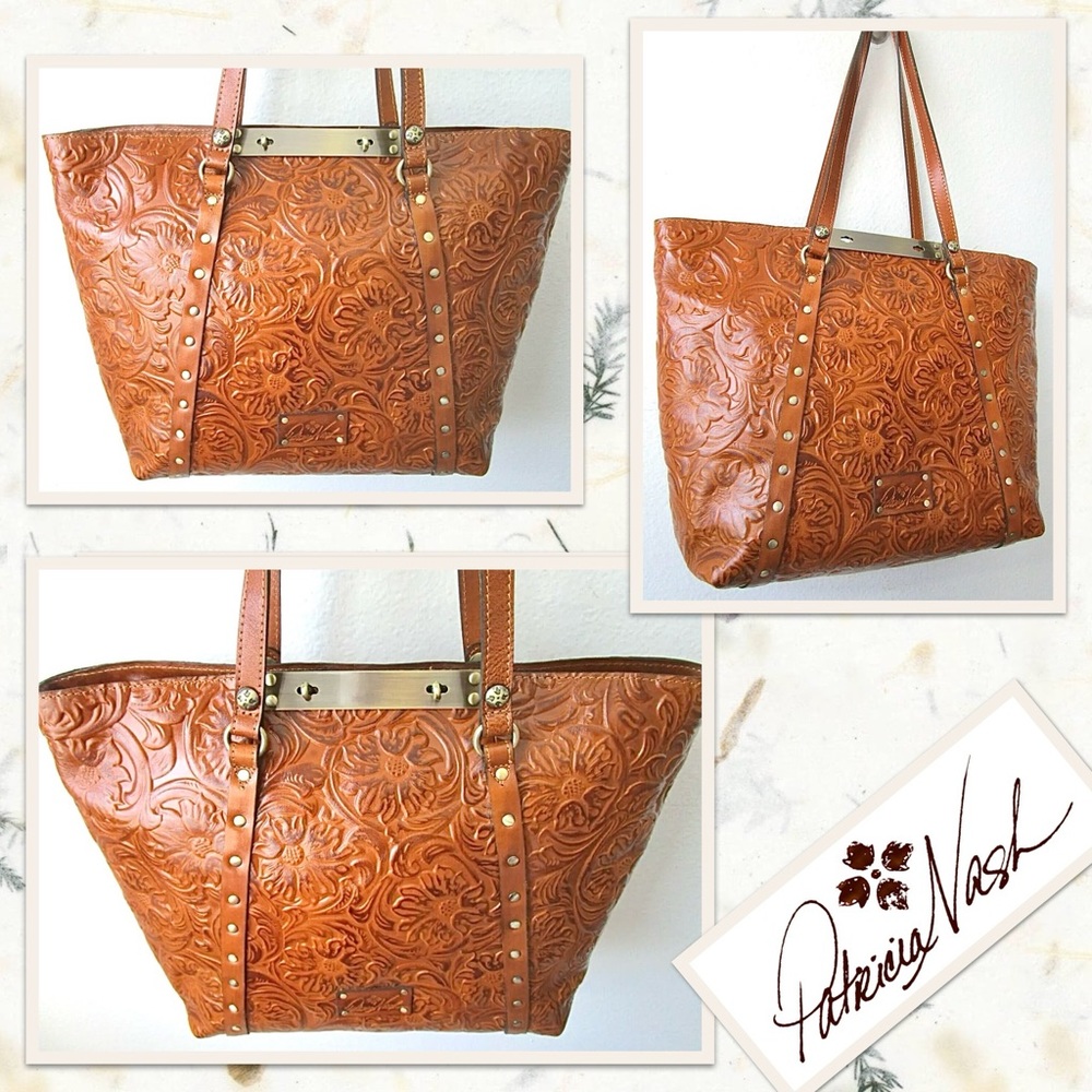 Patricia Nash Tooled Leather Floral Tote in Cognac